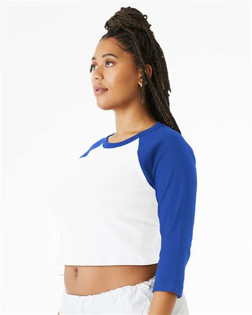 BELLA + CANVAS 1200 Women's Micro Rib Three-Quarter Raglan Sleeve Baby Tee - White/ True Royal - model side