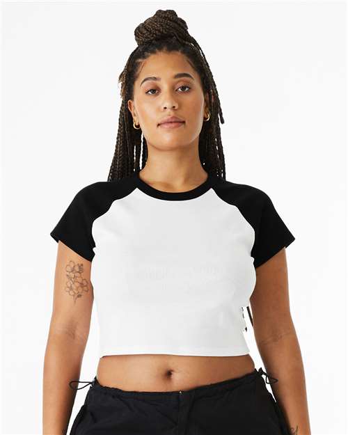 BELLA + CANVAS 1201 Women's Micro Rib Raglan Baby Tee - White/ Black - model front