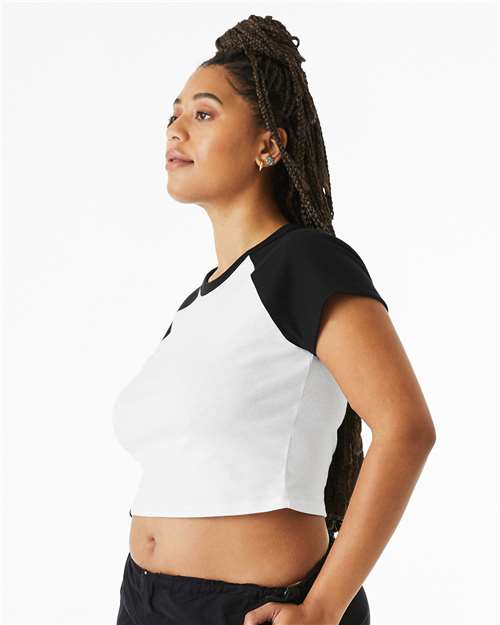 BELLA + CANVAS 1201 Women's Micro Rib Raglan Baby Tee - White/ Black - model side