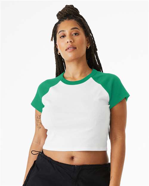 BELLA + CANVAS 1201 Women's Micro Rib Raglan Baby Tee - White/ Kelly - model front