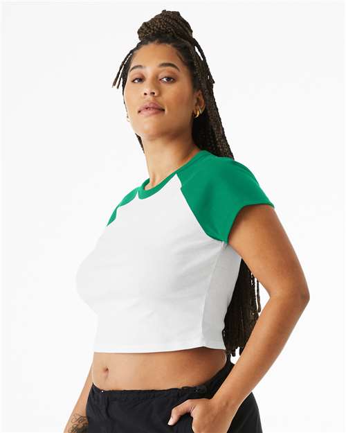 BELLA + CANVAS 1201 Women's Micro Rib Raglan Baby Tee - White/ Kelly - model side