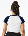 BELLA + CANVAS 1201 Women's Micro Rib Raglan Baby Tee - White/ Navy - model back