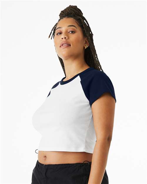BELLA + CANVAS 1201 Women's Micro Rib Raglan Baby Tee - White/ Navy - model side