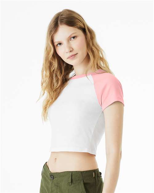 BELLA + CANVAS 1201 Women's Micro Rib Raglan Baby Tee - White/ Pink - model side