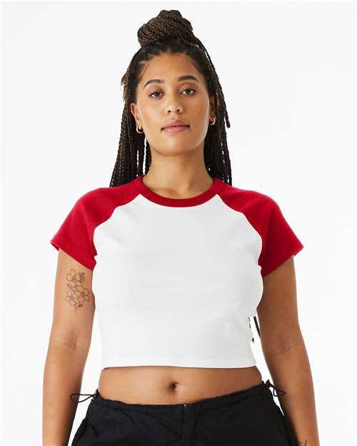 BELLA + CANVAS 1201 Women's Micro Rib Raglan Baby Tee - White/ Red - model front