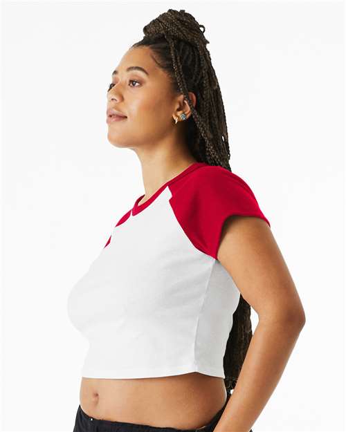 BELLA + CANVAS 1201 Women's Micro Rib Raglan Baby Tee - White/ Red - model side