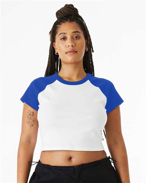 BELLA + CANVAS 1201 Women's Micro Rib Raglan Baby Tee - White/ True Royal - model front