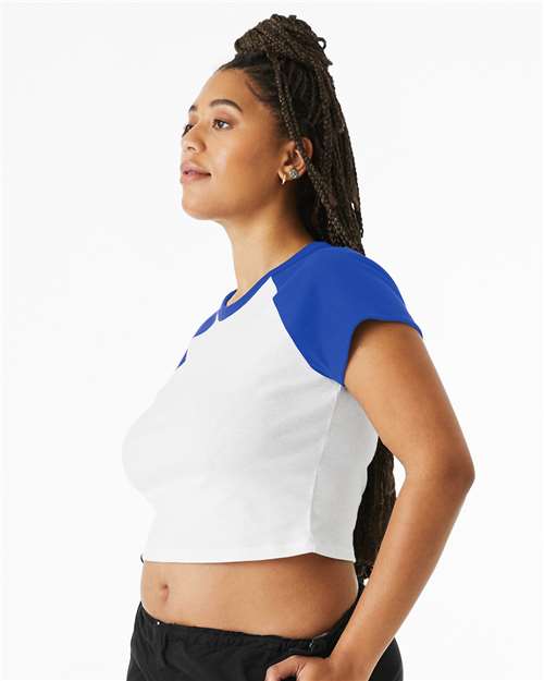 BELLA + CANVAS 1201 Women's Micro Rib Raglan Baby Tee - White/ True Royal - model side