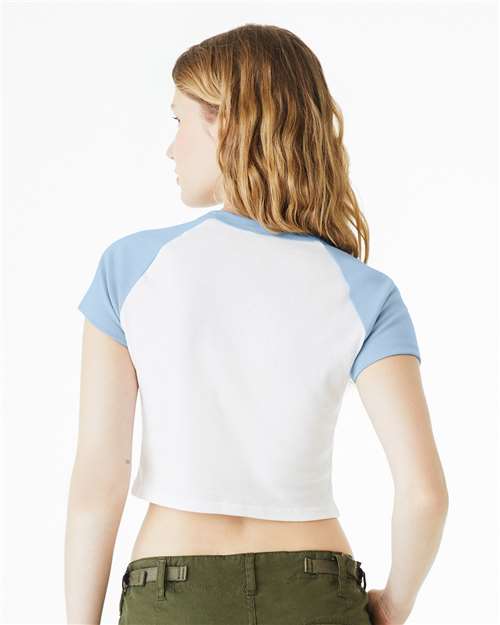 BELLA + CANVAS 1201 Women's Micro Rib Raglan Baby Tee - White/ Baby Blue - model back