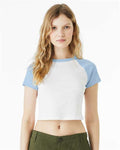 BELLA + CANVAS 1201 Women's Micro Rib Raglan Baby Tee - White/ Baby Blue - model front