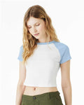 BELLA + CANVAS 1201 Women's Micro Rib Raglan Baby Tee - White/ Baby Blue - model side