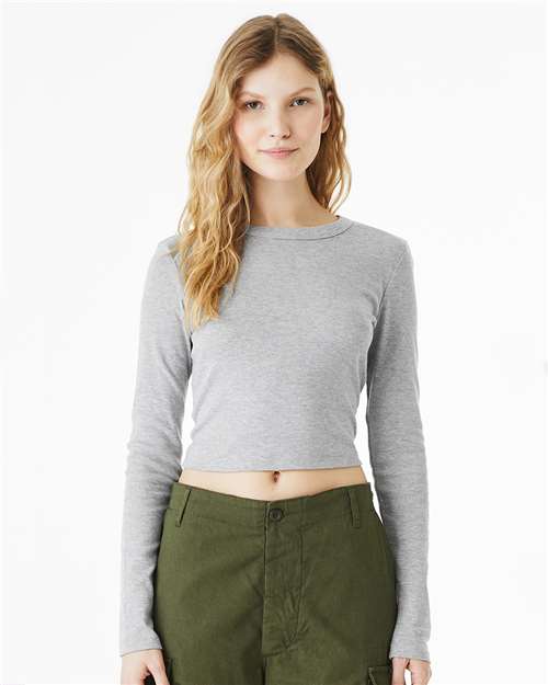 BELLA + CANVAS 1501 Women's Micro Rib Long Sleeve Baby Tee - Athletic Heather - model front