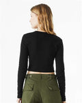 BELLA + CANVAS 1501 Women's Micro Rib Long Sleeve Baby Tee - Solid Black Blend - model back
