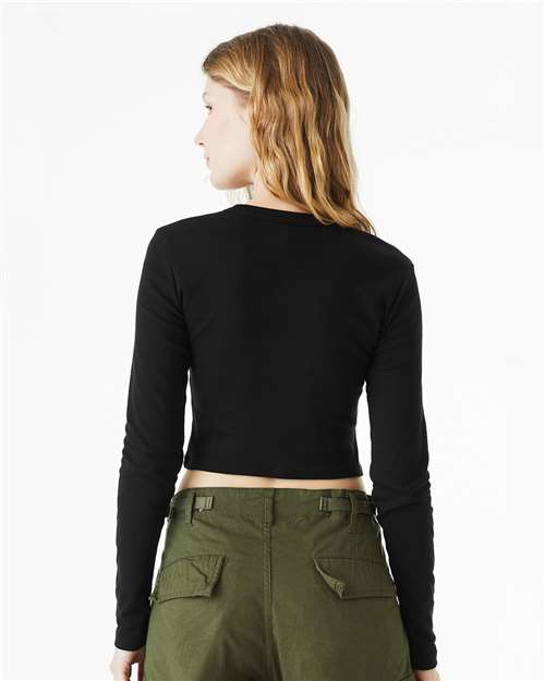 BELLA + CANVAS 1501 Women's Micro Rib Long Sleeve Baby Tee - Solid Black Blend - model back