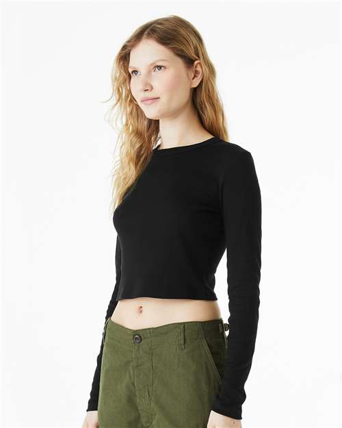 BELLA + CANVAS 1501 Women's Micro Rib Long Sleeve Baby Tee - Solid Black Blend - model side