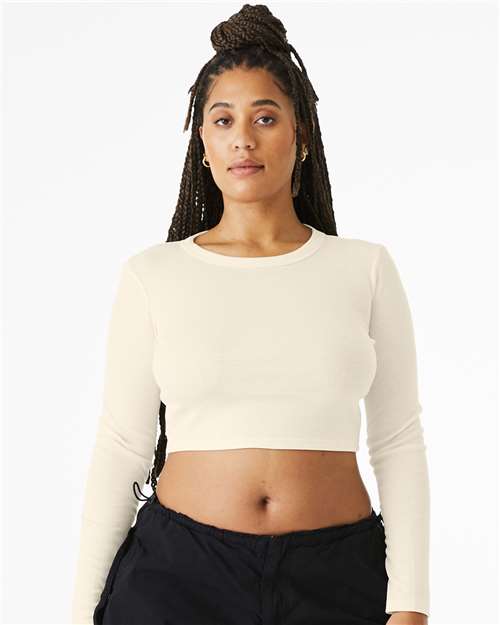 BELLA + CANVAS 1501 Women's Micro Rib Long Sleeve Baby Tee - Solid Natural Blend - model front