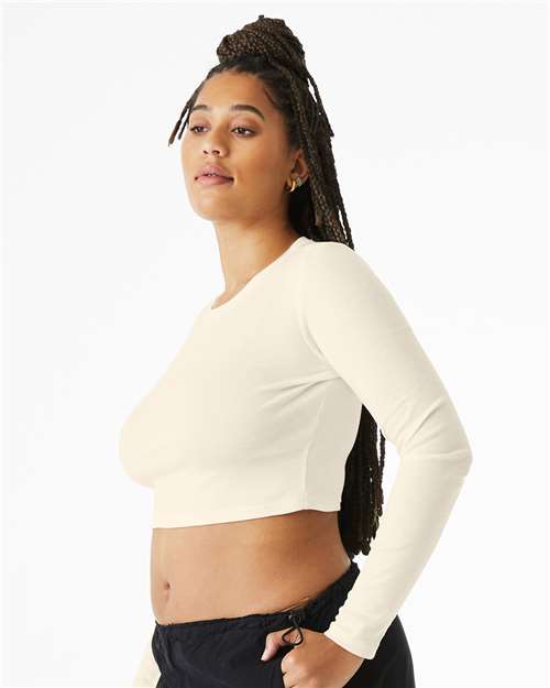 BELLA + CANVAS 1501 Women's Micro Rib Long Sleeve Baby Tee - Solid Natural Blend - model side