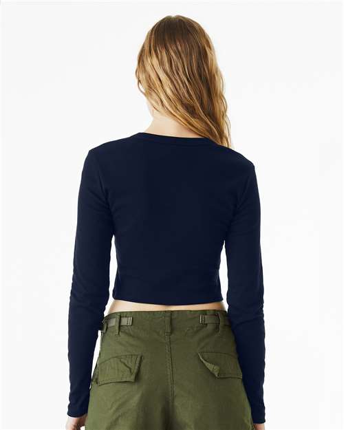 BELLA + CANVAS 1501 Women's Micro Rib Long Sleeve Baby Tee - Solid Navy Blend - model back