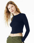 BELLA + CANVAS 1501 Women's Micro Rib Long Sleeve Baby Tee - Solid Navy Blend - model side