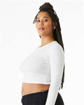 BELLA + CANVAS 1501 Women's Micro Rib Long Sleeve Baby Tee - Solid White Blend - model side