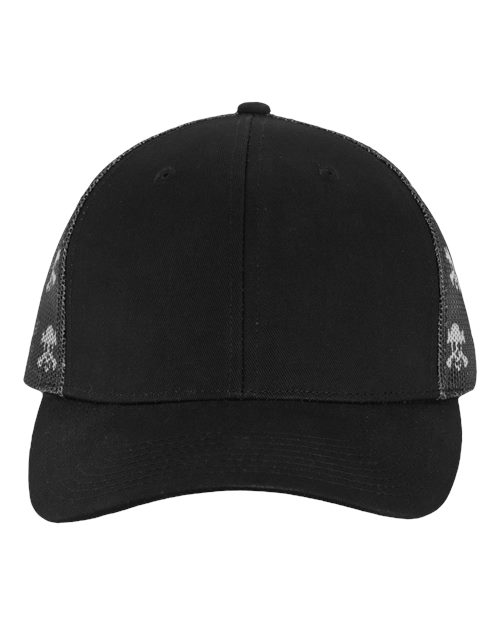 Kati S700M Printed Mesh Trucker Cap - Black/ Black/ Skull - front