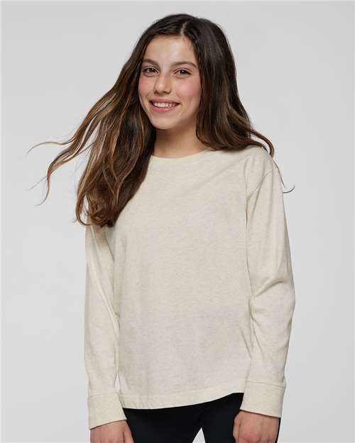 LAT 6201 Youth Fine Jersey Long Sleeve Tee - Natural Heather - model front