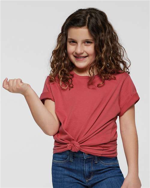 LAT 6101 Youth Fine Jersey Tee - Passionfruit - model front