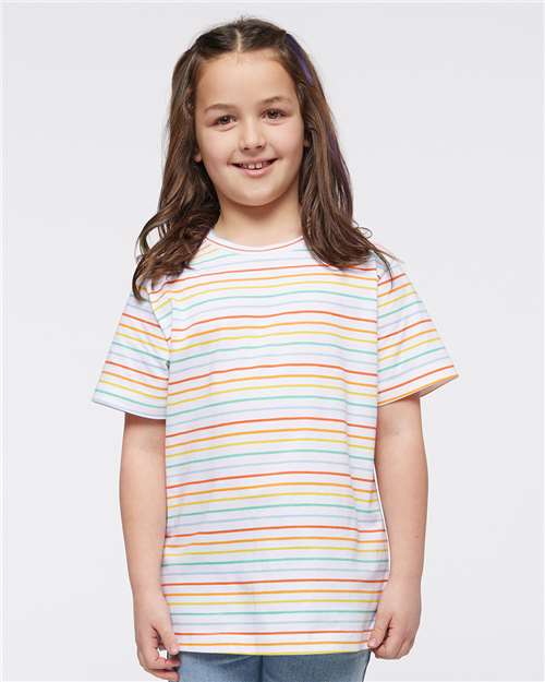LAT 6101 Youth Fine Jersey Tee - Rainbow Stripe - model front
