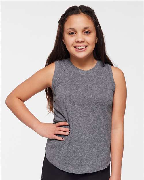 LAT 2692 Girls' Relaxed Fine Jersey Tank - Granite Heather - model front