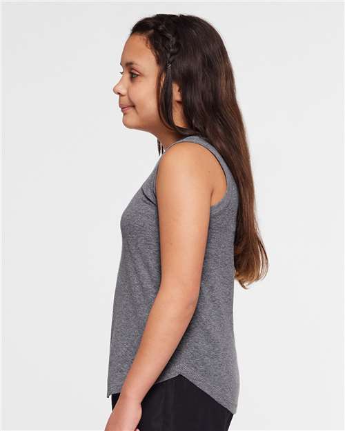 LAT 2692 Girls' Relaxed Fine Jersey Tank - Granite Heather - model side