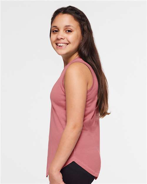 LAT 2692 Girls' Relaxed Fine Jersey Tank - Mauvelous - model side
