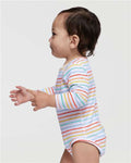 Rabbit Skins 4421 Infant Fine Jersey Long Sleeve Bodysuit - Rainbow Stripe - model side