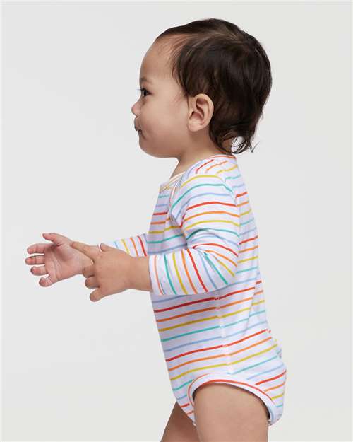 Rabbit Skins 4421 Infant Fine Jersey Long Sleeve Bodysuit - Rainbow Stripe - model side