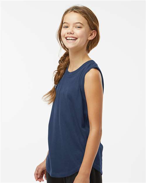 LAT 2692 Girls' Relaxed Fine Jersey Tank - Denim - model side