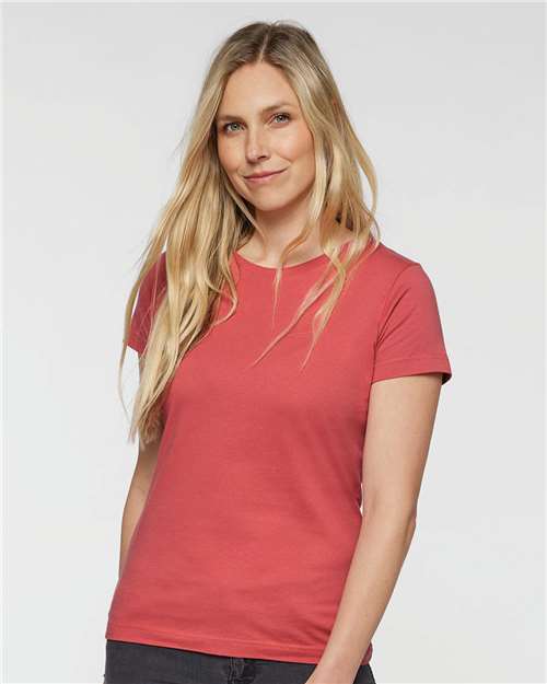 LAT 3516 Women's Fine Jersey Tee - Passionfruit - model front