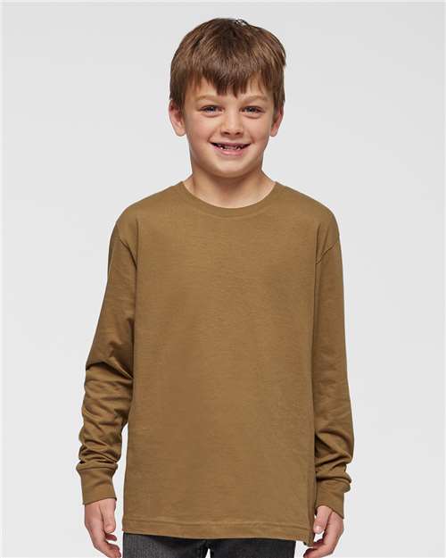 LAT 6201 Youth Fine Jersey Long Sleeve Tee - Coyote Brown - model front