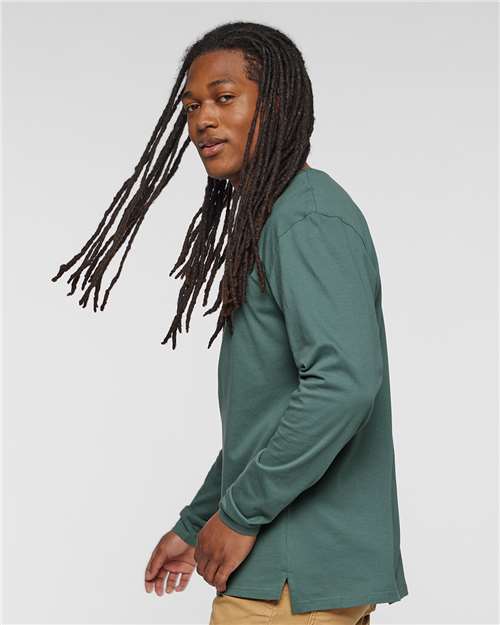 LAT 6918 Unisex Fine Jersey Long Sleeve Tee - Basil - model side