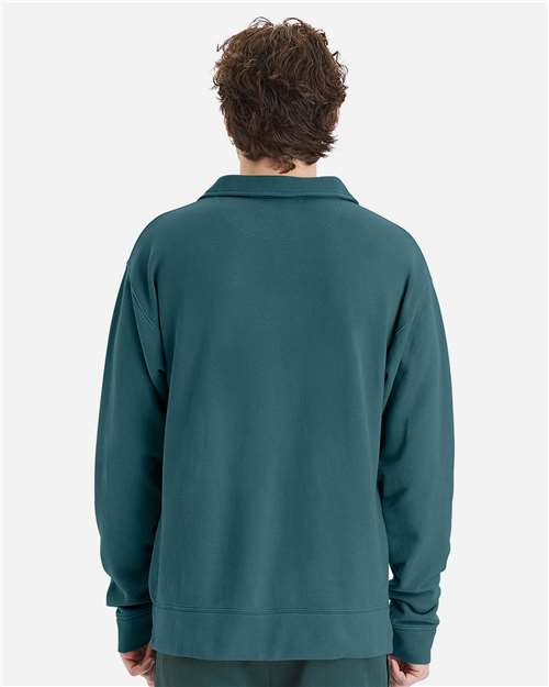 Hanes GDH490 Unisex Garment-Dyed Polo Collar Sweatshirt - Cactus - model back