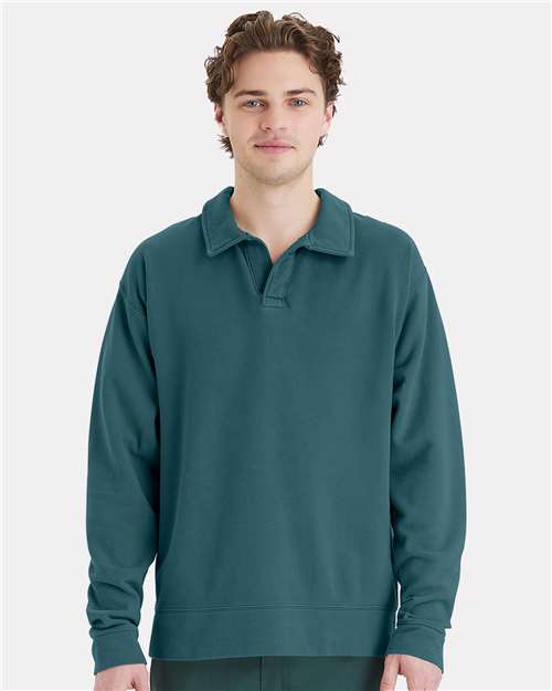 Hanes GDH490 Unisex Garment-Dyed Polo Collar Sweatshirt - Cactus - model front