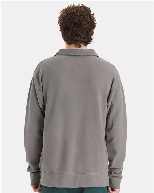 Hanes GDH490 Unisex Garment-Dyed Polo Collar Sweatshirt - Concrete Grey - model back