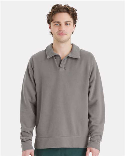 Hanes GDH490 Unisex Garment-Dyed Polo Collar Sweatshirt - Concrete Grey - model front