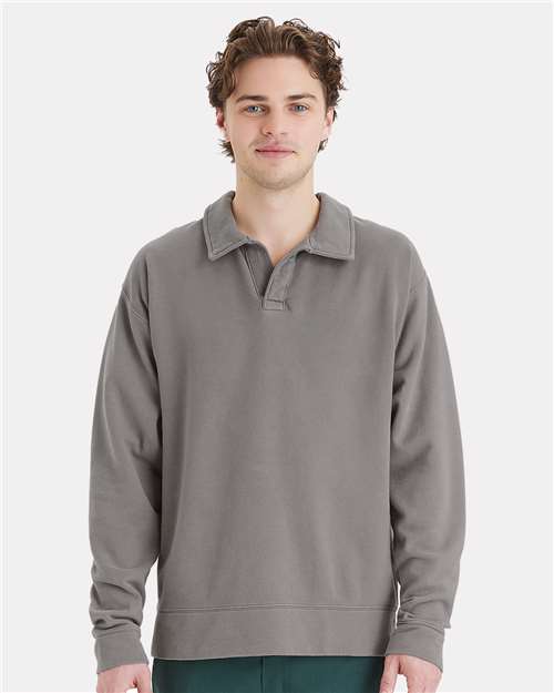 Hanes GDH490 Unisex Garment-Dyed Polo Collar Sweatshirt - Concrete Grey - model front