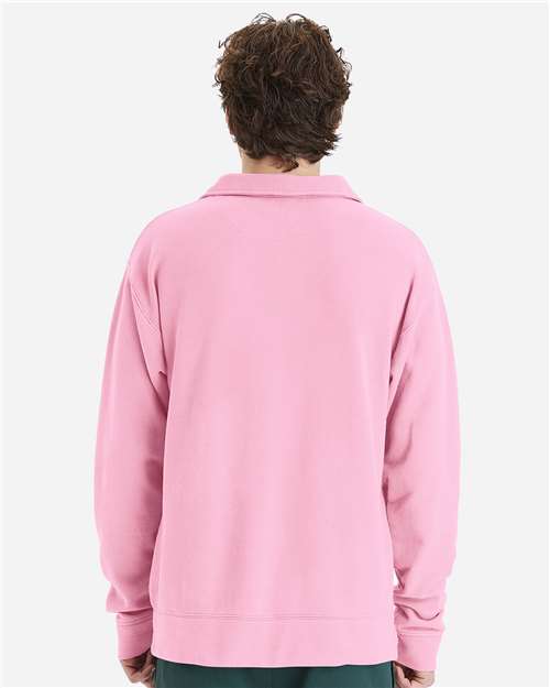 Hanes GDH490 Unisex Garment-Dyed Polo Collar Sweatshirt - Cotton Candy - model back