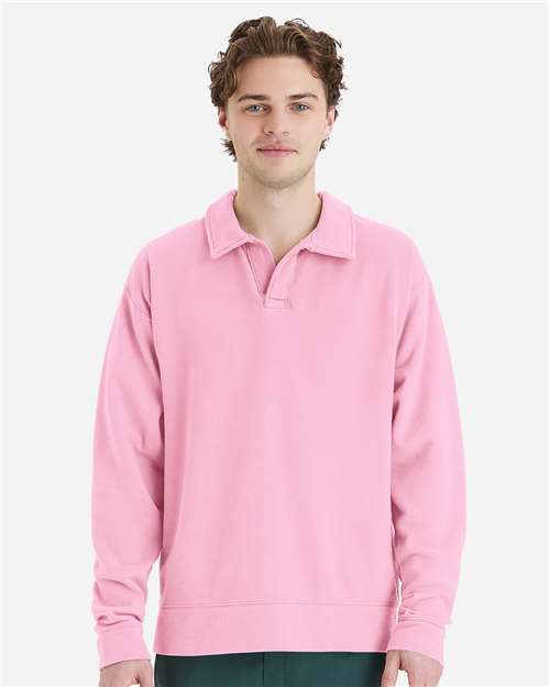 Hanes GDH490 Unisex Garment-Dyed Polo Collar Sweatshirt - Cotton Candy - model front