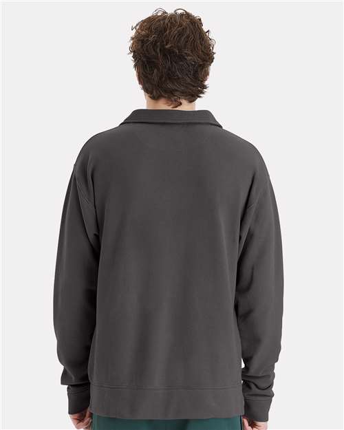 Hanes GDH490 Unisex Garment-Dyed Polo Collar Sweatshirt - New Railroad Grey - model back