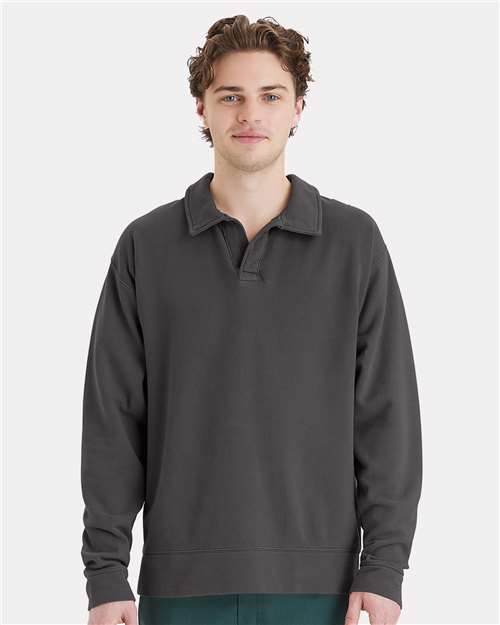 Hanes GDH490 Unisex Garment-Dyed Polo Collar Sweatshirt - New Railroad Grey - model front