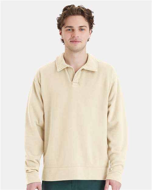 Hanes GDH490 Unisex Garment-Dyed Polo Collar Sweatshirt - Parchment - model front
