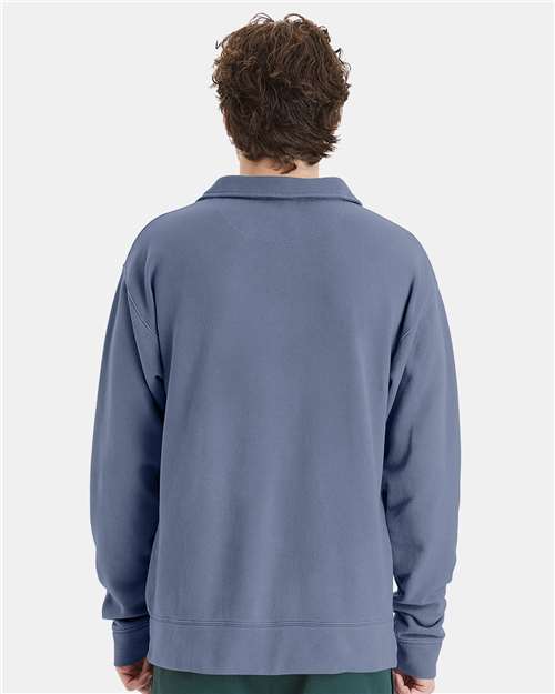 Hanes GDH490 Unisex Garment-Dyed Polo Collar Sweatshirt - Saltwater - model back