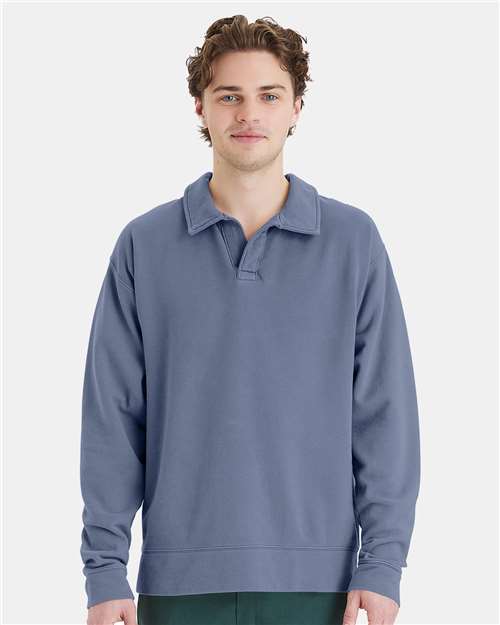 Hanes GDH490 Unisex Garment-Dyed Polo Collar Sweatshirt - Saltwater - model front
