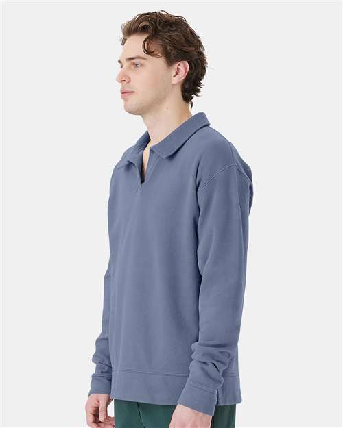 Hanes GDH490 Unisex Garment-Dyed Polo Collar Sweatshirt - Saltwater - model side